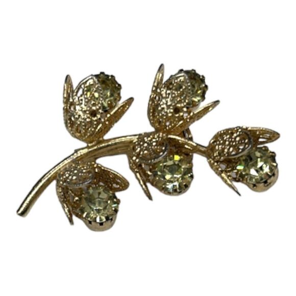 Vintage Green Crystal Goldtone Floral Flower Brooch Pin - Picture 5 of 8